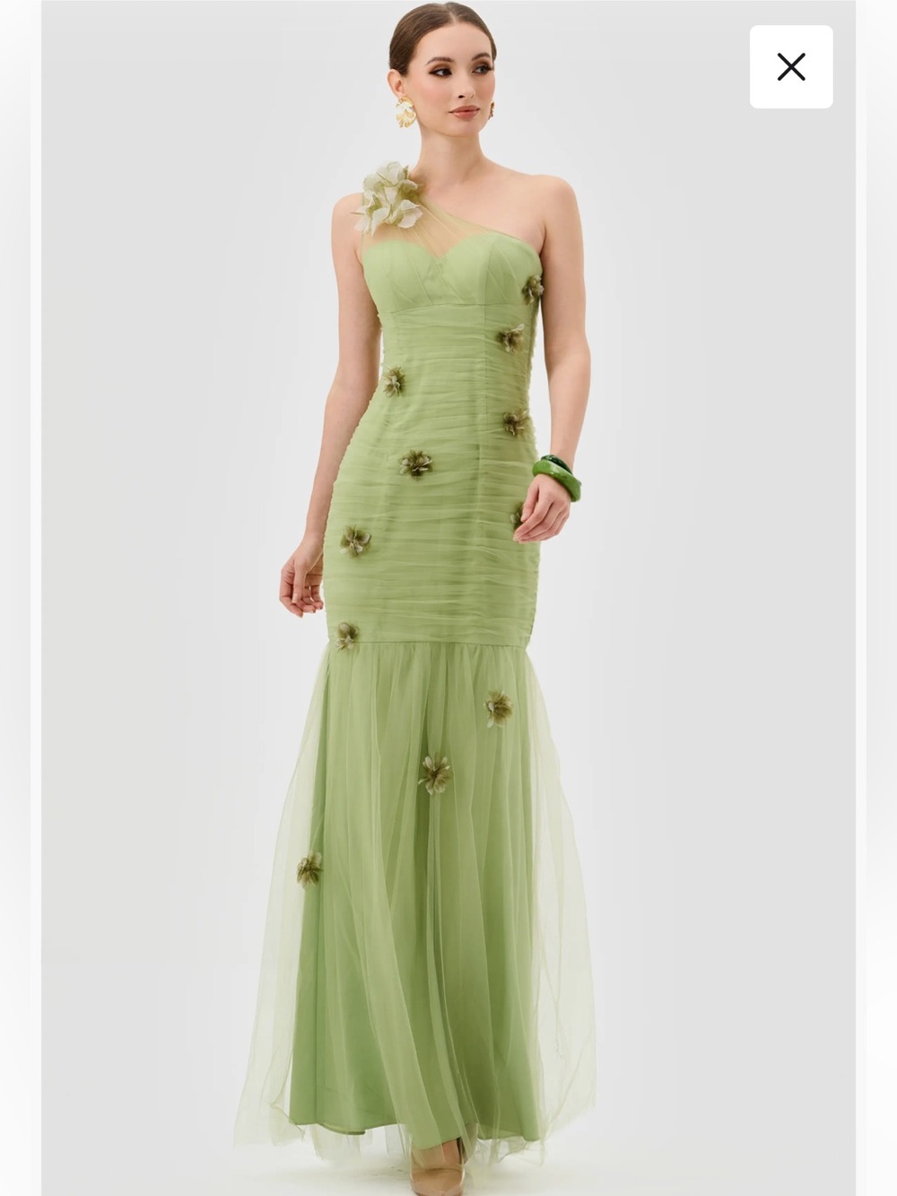Bariano Karoline One-Shoulder Pistachio Green Tulle Gown NWOT